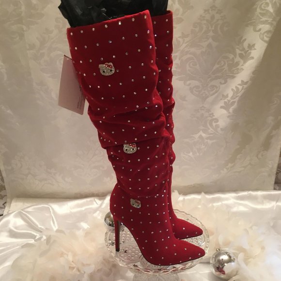 COPY - GORGEOUS cherry red y2k velvet boots covered in crystals and hello kitty… - Picture 1 of 9